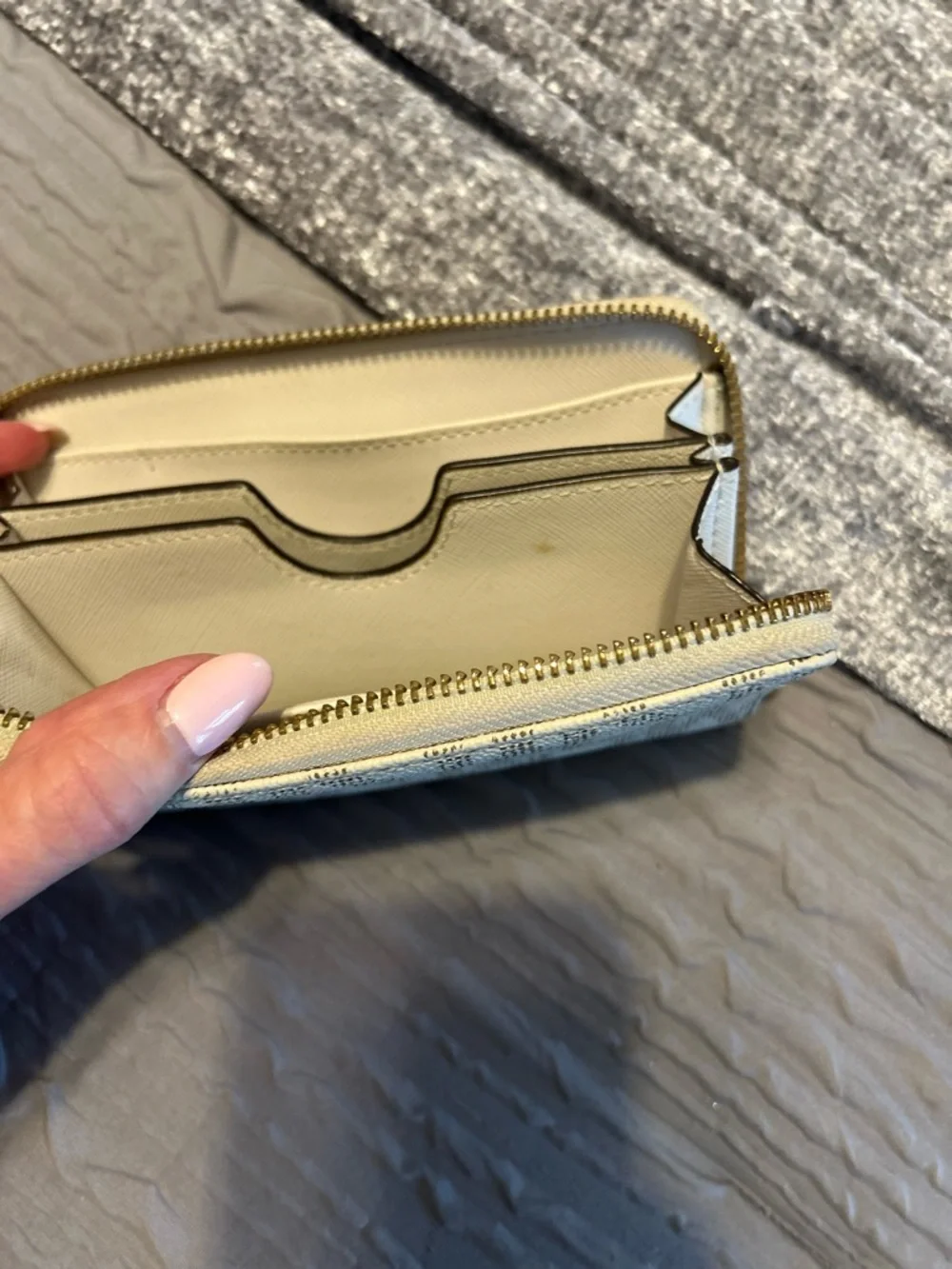 Michael Kors White/ Beige MK Monogram Zip Wallet with Gold Plate